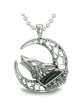 BestAmulets Amulet Howling Wolf Moon Green Quartz Simulated Black Onyx Pendant 18 Inch Necklace